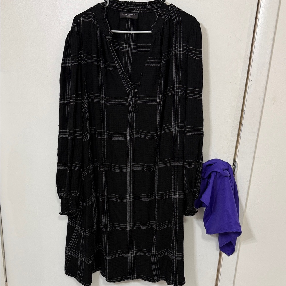 Lane Bryant Black Windowpane Long Sleeve Shift Dress